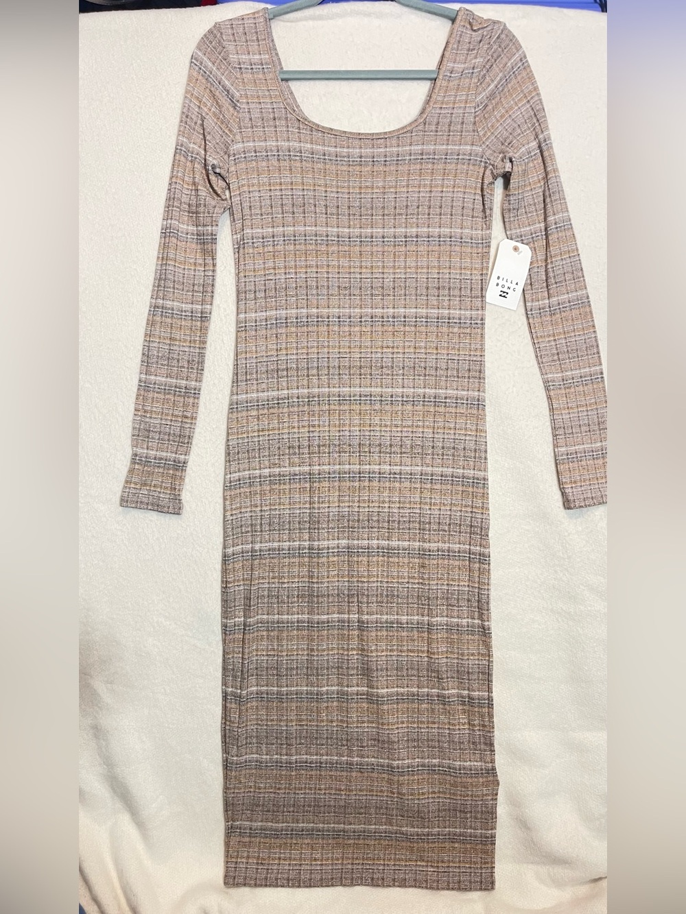 Billabong Taupe Plaid Long Sleeve Ribbed Midi Dress